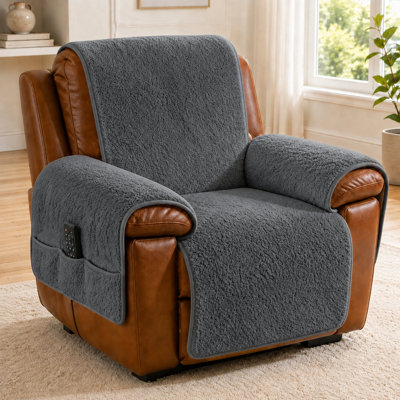Plush Sherpa Recliner Furniture Protector Set with Non-Slip Backing, Armrest Covers and Side Pockets for Chair, Loveseat and 3-Seat Sofa