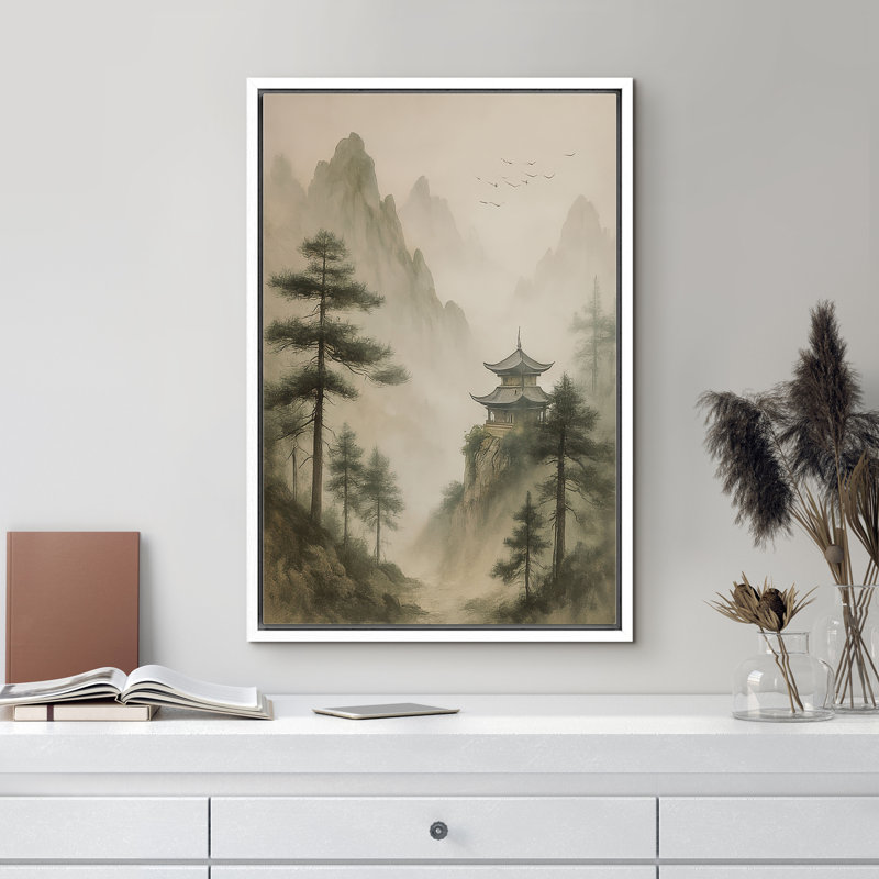 Paysage avec pavillon et pins - reproduction d'art sur toile encadrée, H 36 po x l 24 po x P 1,5 po, Cadre blanc