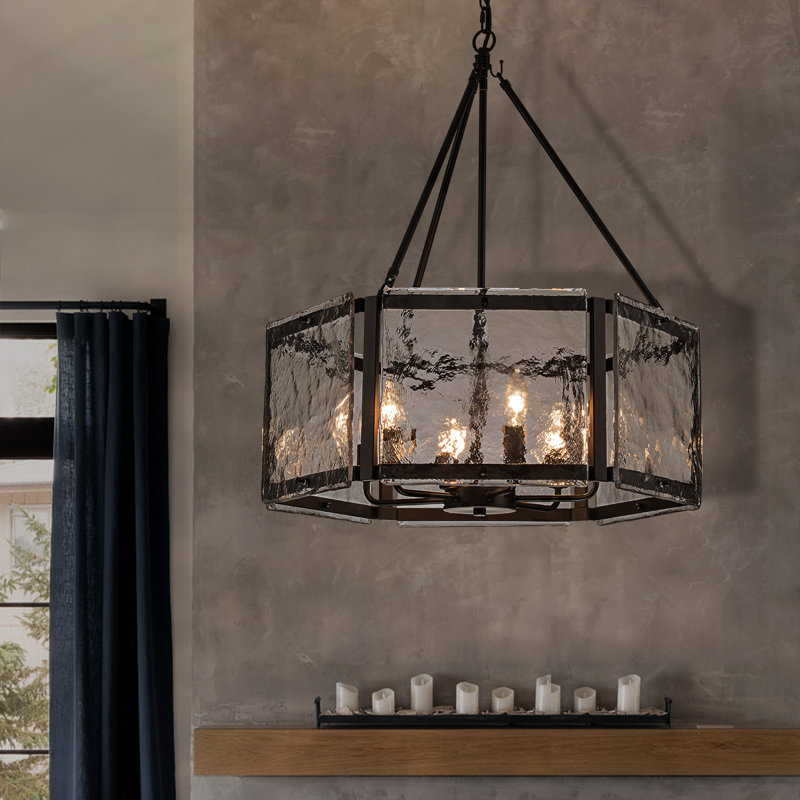 6 - Light Dimmable Drum Chandelier, Satin Black, Black