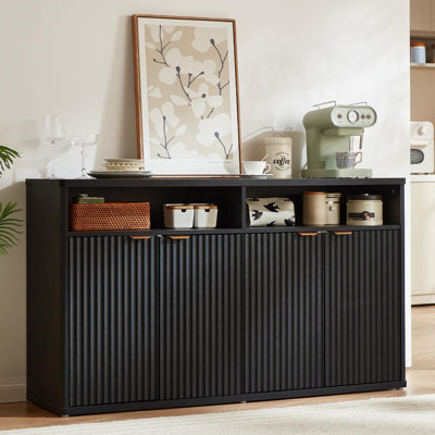 Fluted Wood Buffet Cabinet with 4 Doors, Adjustable Shelves and Open Storage
