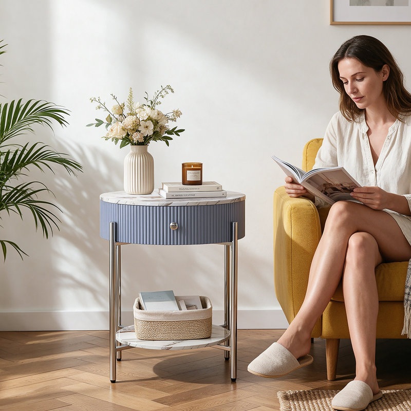 Woodville Side Table with Storage, Calacatta Gold, Chrome