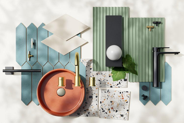 Assortment of bathroom tiles with an round orange vessel sink and gold and matte black faucet hardware.