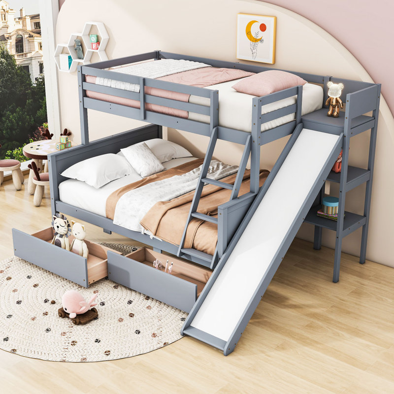 Lit superposé simple sur 2 tiroirs avec glissière et tablettes, gris