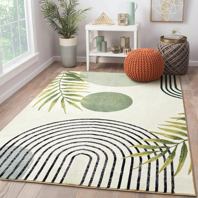 Tapis de style Mid-Century moderne lavable, tapis bohémiens mignons de style esthétique 4 x 6 pour la salle à manger, le salon, la cuisine, les tapis tropicaux antidérapants et antidérapants