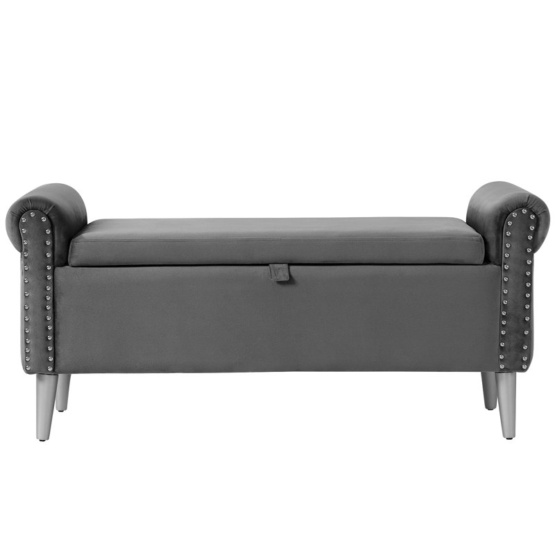 Dritarastra Upholstered Flip Top Storage Bench Bedroom End of Bed Ottoman Footrest Velvet 47" Rolled Arm, Gray