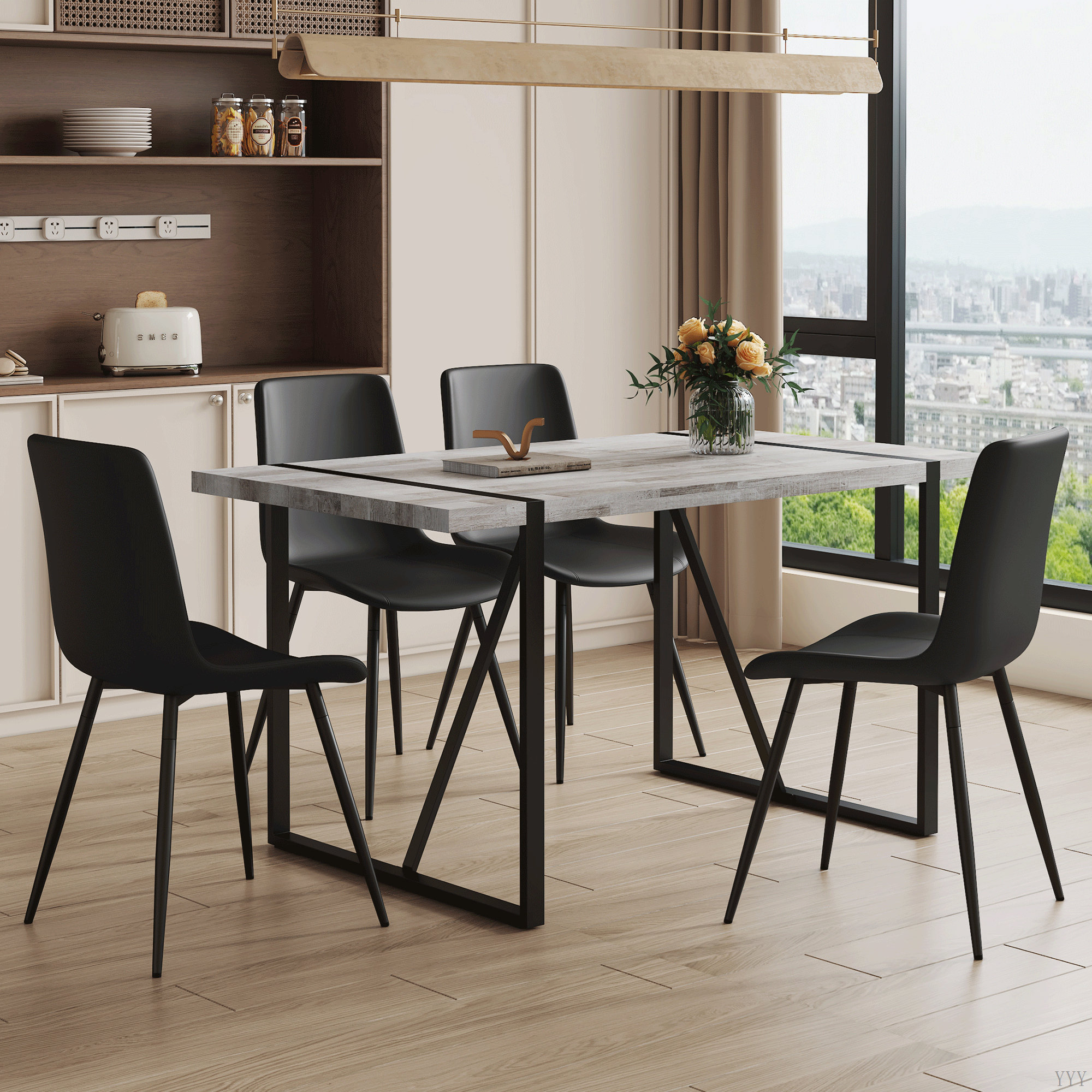 17 Stories Table And Chair Set.A Minimalist Retro Rectangular Dining ...