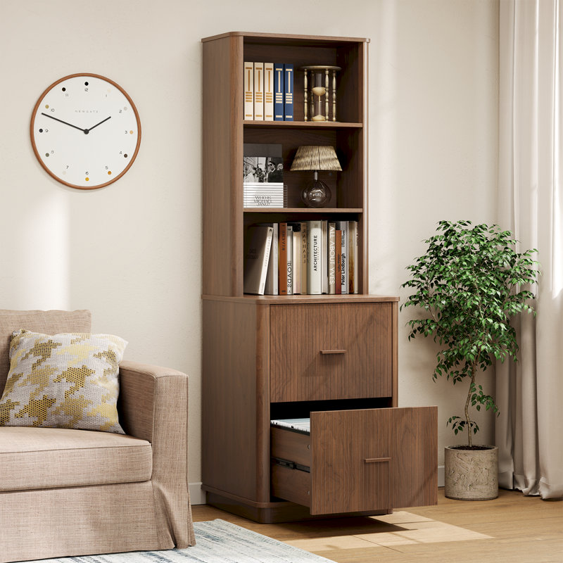 71" Tall Bookcase with 2 File Drawers & Printer Shelf, Mid-Century Filing Cabinet, Walnut
