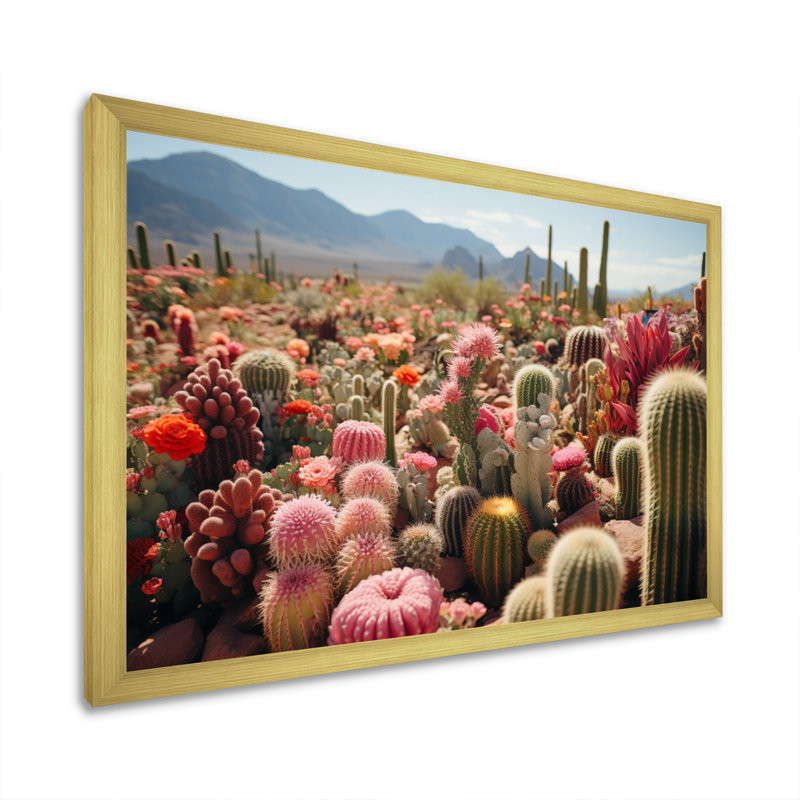 Cactus vert et rose II - impression, Cadre doré simple, H 30 po x l 40 po x P 1,5 po
