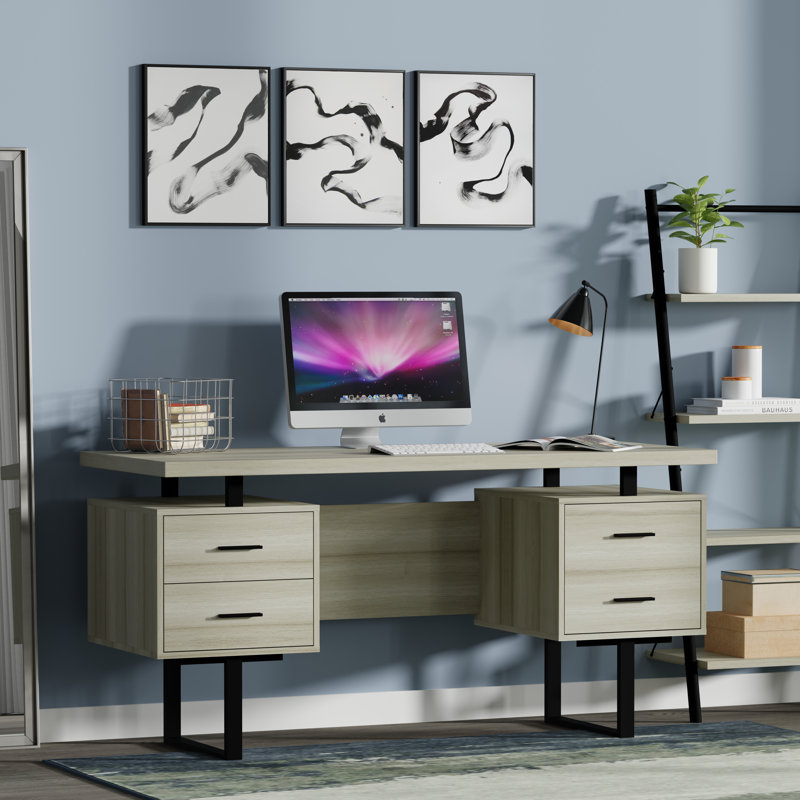 Auniya 60'' Desk, Light Taupe Top/Body, Black Metal/Hardware