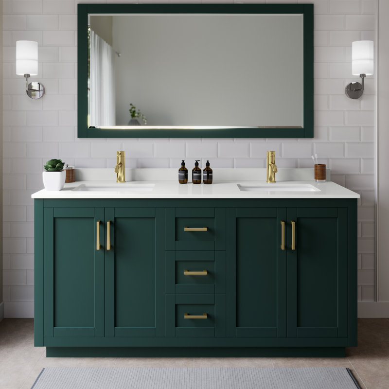 Miranda 66" Freestanding Double Bathroom Vanity with Quartz Top, White Quartz, Green, Brushed Gold