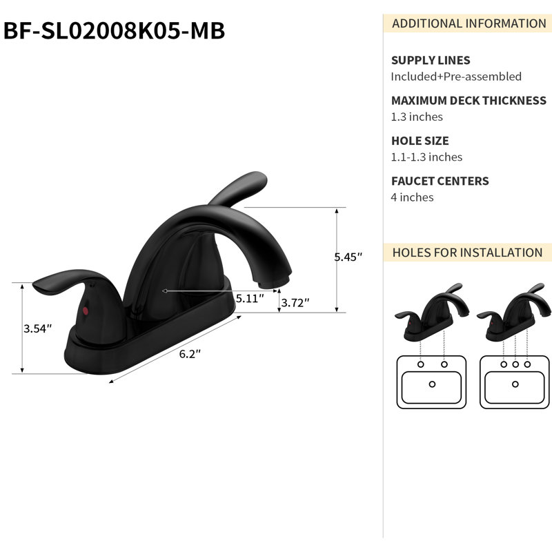 Bathroom Faucet, 5.45", Matt Black Finish, 2, Approved, Mid Arc Spout, Stain , Deck Mounted Center Sink Faucet 2 Handles, ,