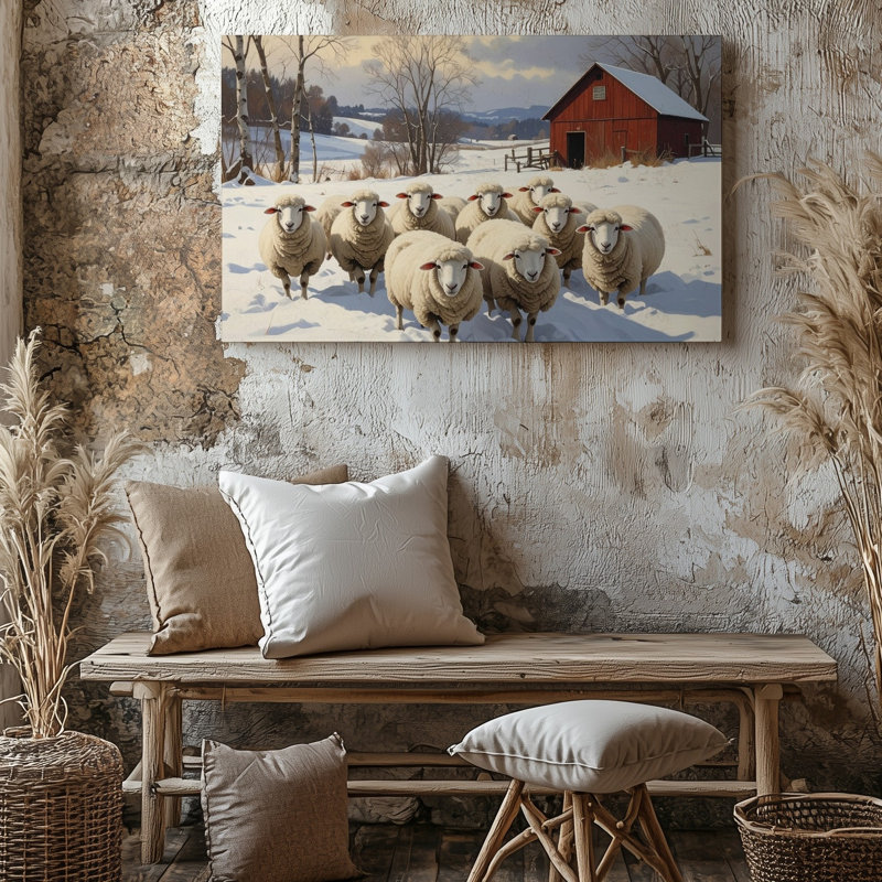 Art mural sur toile, mouton d'hiver et grange rouge, scène de ferme enneigée rustique, H 30 po x l 40 po