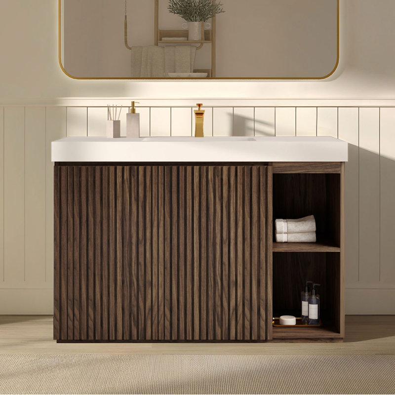 Meuble-lavabo simple 48 po avec surface solide, Blanc / Brun, Monotrou