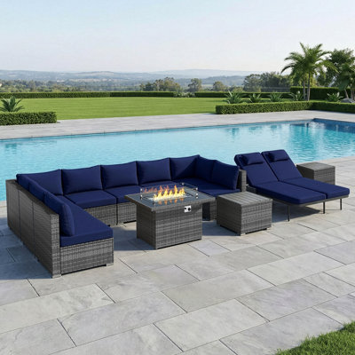 12-Piece Outdoor Conversation Seating Sectional Set With Fire Pit Table And Double Chaise Lounge