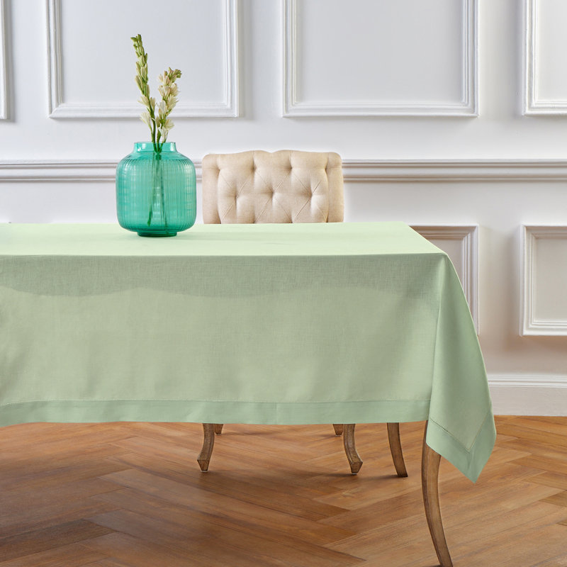 100% Pure Linen Hemstitch Table Throw - Classic Hemstitch, Light Green