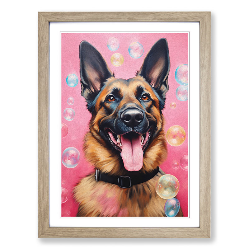 German Shepherd Bubble Gum - Single Picture Frame Print on Wood, 34cm H x 25cm W x 2cm D, Oak