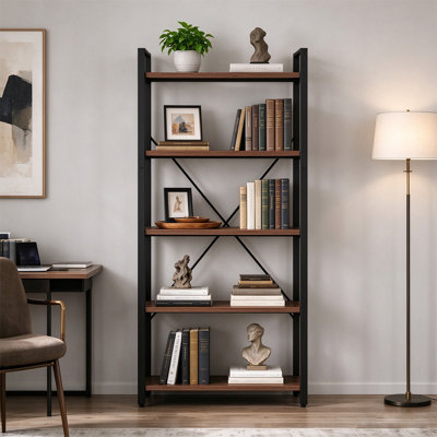 Bibliothèque à 5 niveaux en bois et métal, grande étagère moderne pour le salon et le bureau personnel