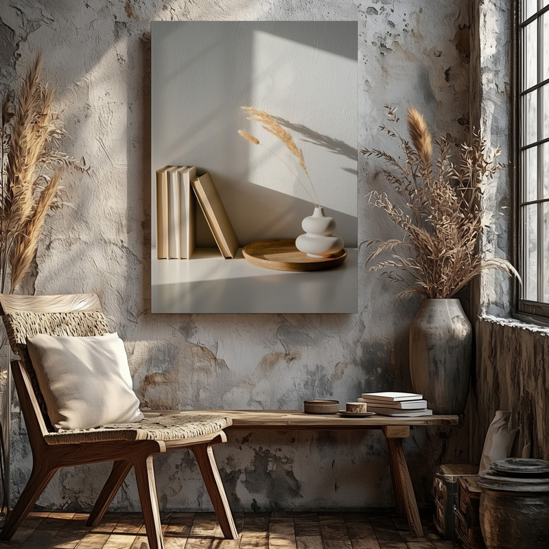 Toile, scène intérieure minimaliste sereine avec un mur blanc comme art mural, toile de fond doucement illuminée par la lumière naturelle
