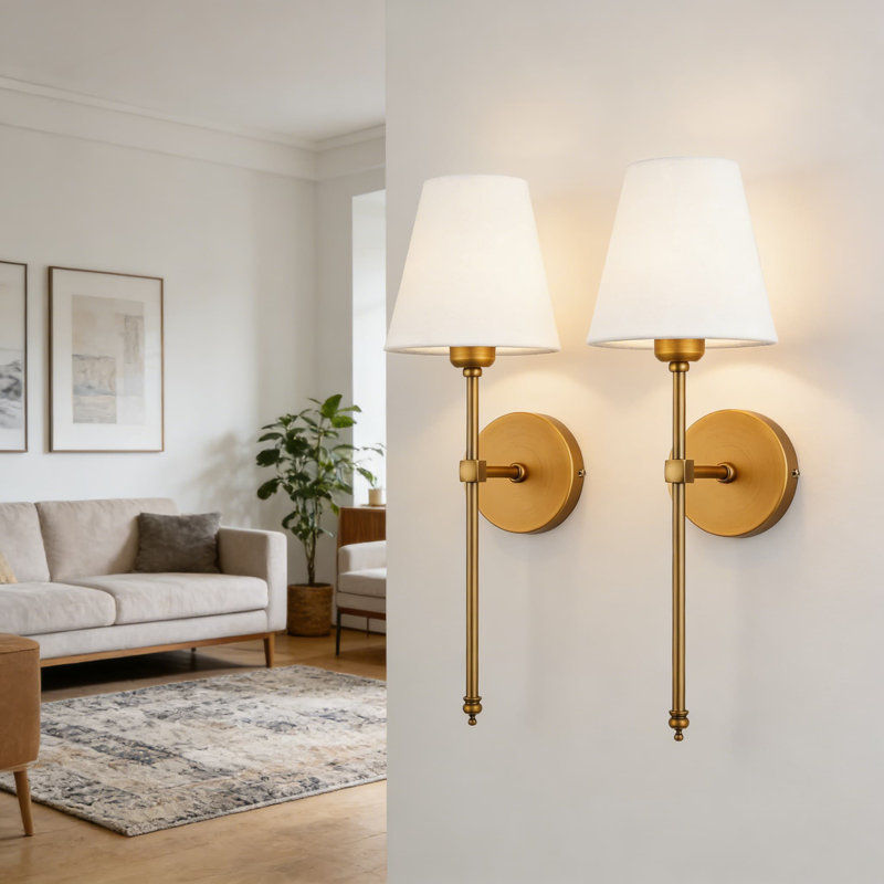 Hardwired Wall Sconces Set Of 2, Classic Brushed Brass Wall Lighting With Fabric Shade For Bathroom Vanity, Bedroom, Living Room, Hallway, And Kitchen