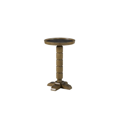 Table d'appoint au fini amande, plateau rond compact idéal pour un bureau à domicile, pied central tourné, parfait comme élément décoratif ou complément occasionnel à votre espace de travail, bois massif, profondeur 14, largeur 22