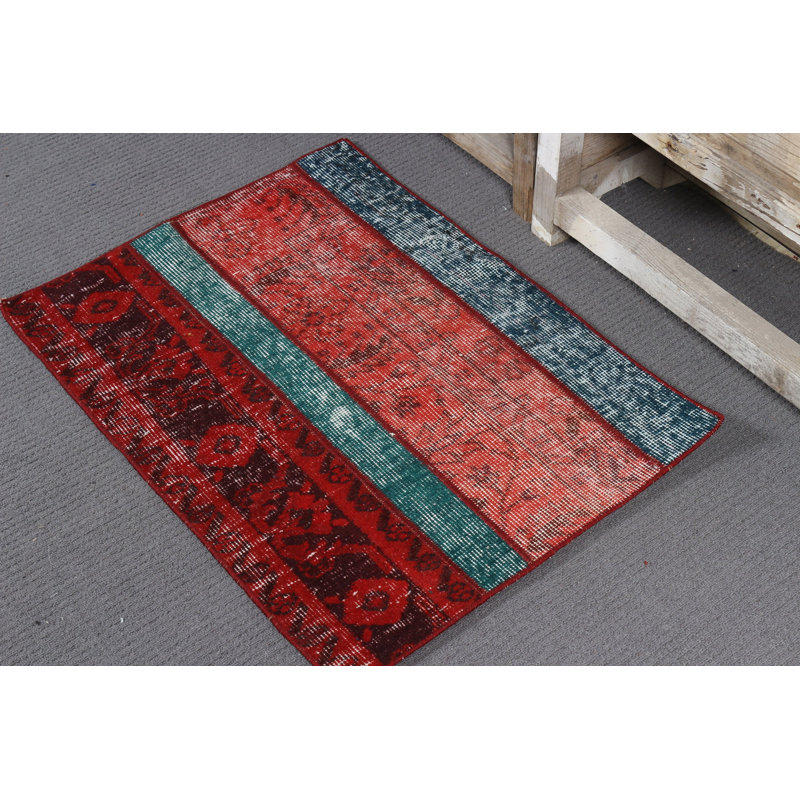 Small Red Wool Door Mat With Turkish Vintage Oushak Patchwork For Entry - Overdyed Natural Nomadic Anatolian Hand Tufted Design