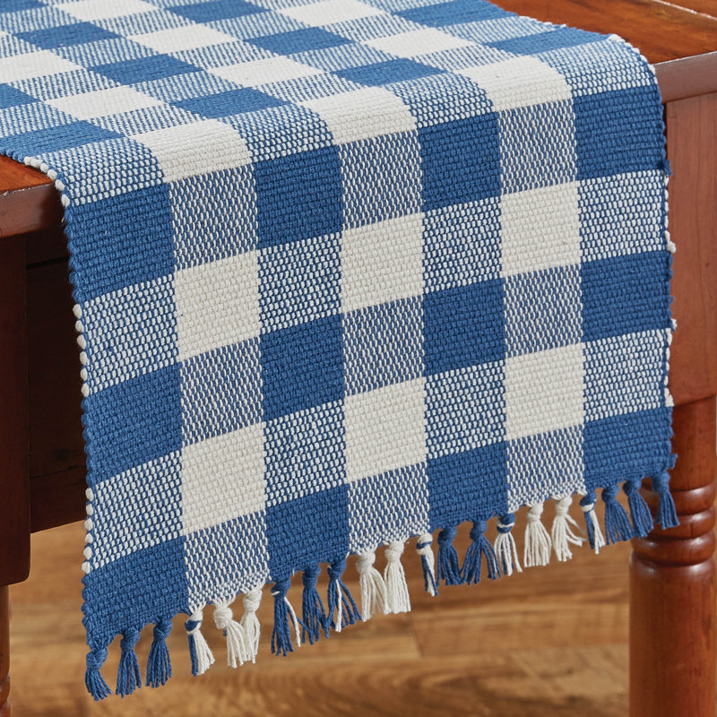 Serles Rectangular Checkered Table Runner, 36" x 13", Blue/White