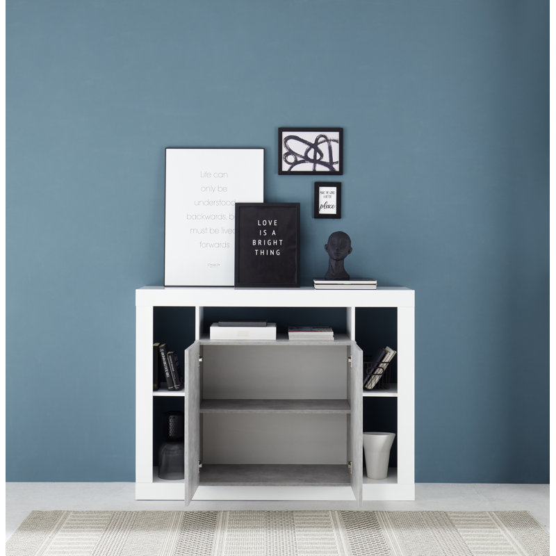 Genoa 2 Door 134cm Sideboard with Open Shelving, White Gloss/Concrete Grey