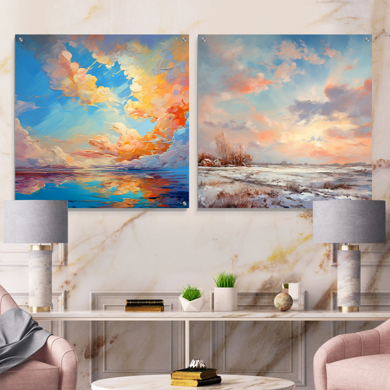 «Turquoise Clouds Charm Vivid», art mural acrylique sur verre, ensemble de 2, H 16 po x l 33 po