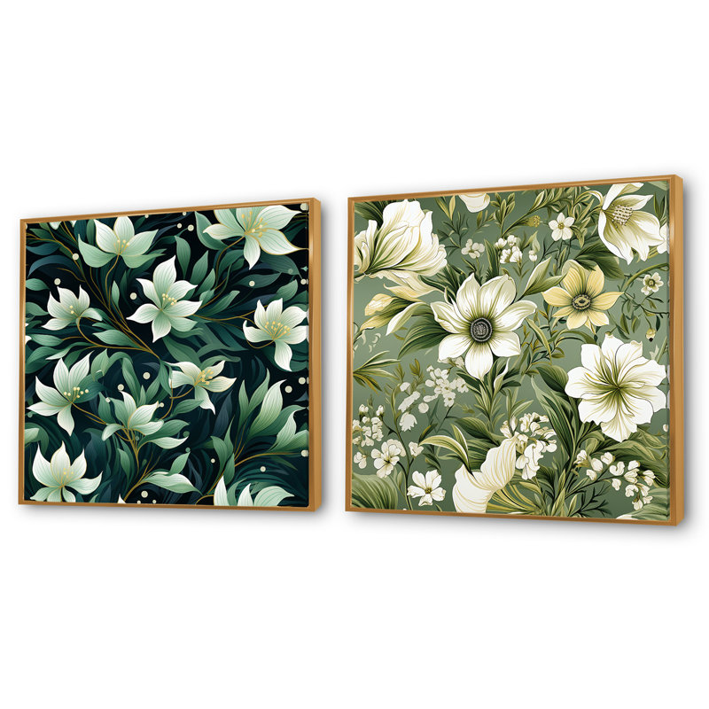 Langelier - Ensemble de 2 collages carrés floraux, Cadre flottant doré, H 36 po x l 73 po