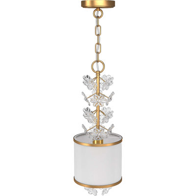 1-Light Antique Gold Cylinder Pendant Light with Acrylic Flower Accents and White Fabric Shade
