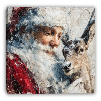 Père Noël embrassant un renne sur toile