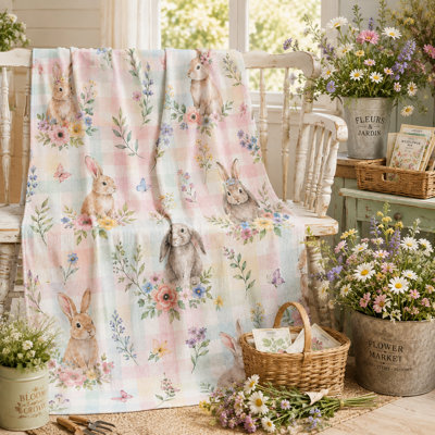 Pastel Plaid Bunny Blanket with Watercolor Rabbits, Flowers and Butterflies, Light Flannel Throw for Couch, Bed, Reading Nook and Weekend Travel, 40 x 50 in