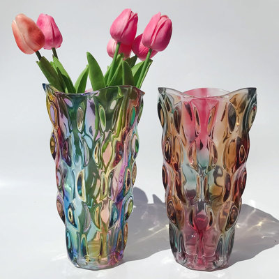 Vase en verre mauve à trompette clair, vase à fleurs décoratif irisé pour la maison, la salle à manger, le bureau, le salon, la chambre à coucher, décor bohémien moderne