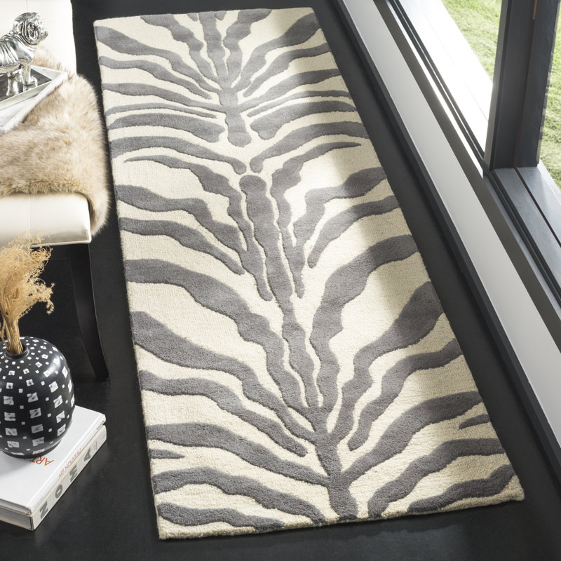 Tapis ivoire / gris foncé en laine touffeté à la main Christoffel, Tapis de couloir 2 pi 6 po x 8 pi