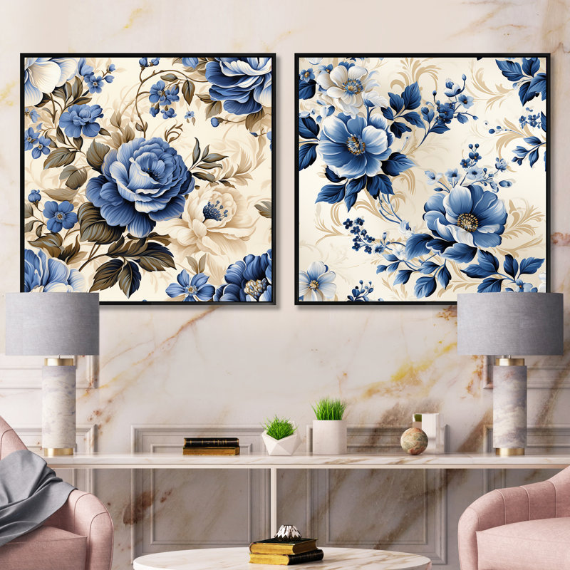 Bromley - Ensemble de 2 collages floraux carrés, Cadre flottant noir, H 16 po x l 33 po