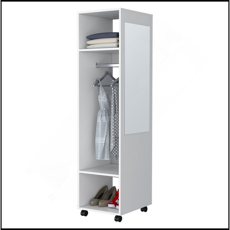Armoire Benson en mélamine avec miroir et rangement ouvert, Blanc
