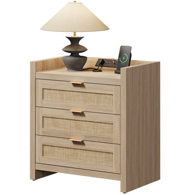 Ashvir Rattan 3-Drawer Nightstand With Built-In Outlets