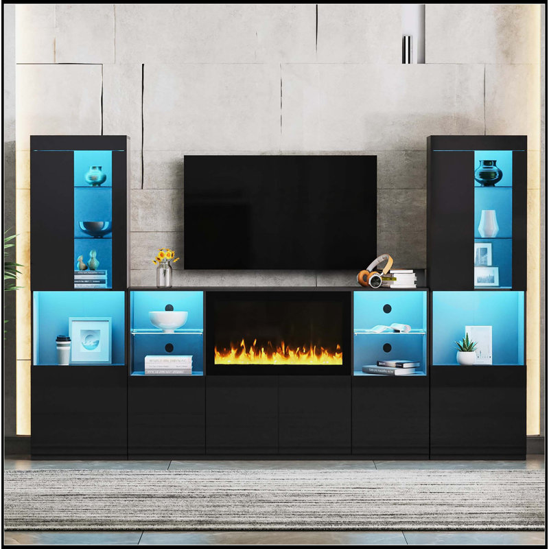 Meuble télé avec foyer électrique non chauffant de 34,2 po, Noir, noir, noir, noir