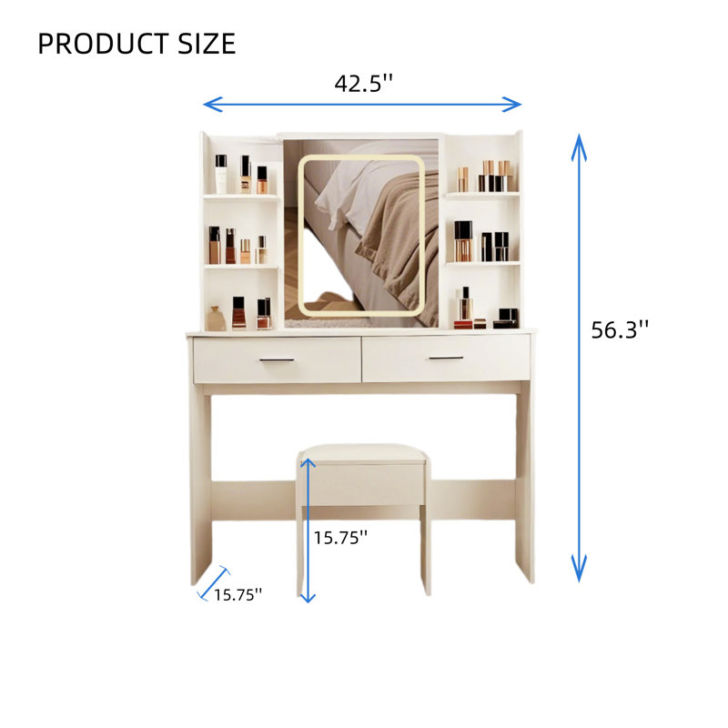 3 Lighting Modes With Adjustable Brightness, Dressing Table Set With Power Outlet And Cushioned Stool With Mirror And Light, 2 Drawers And 6 Storage Shelves For Make-Up Dresser