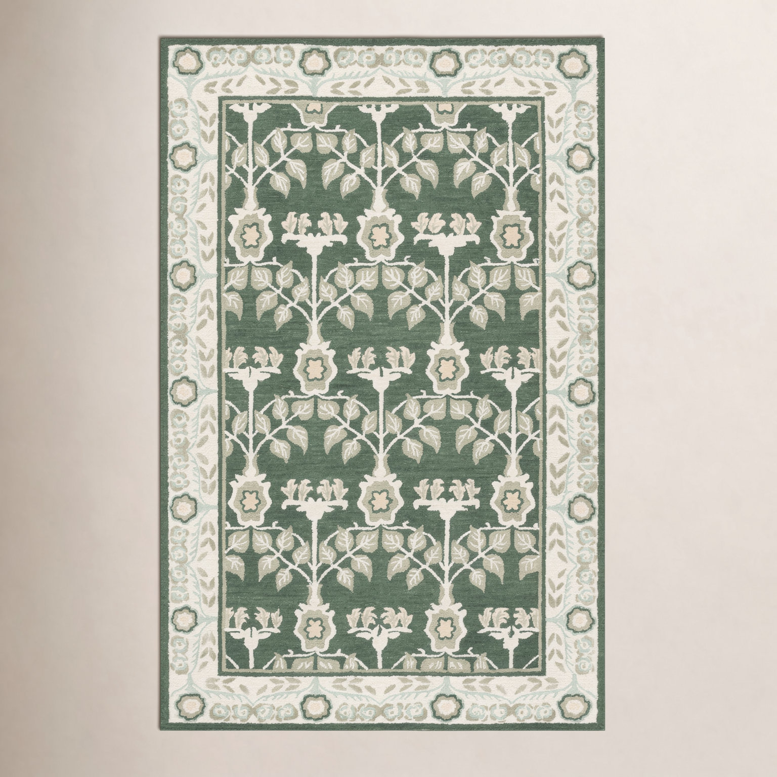Green Ivory Hand-Tufted Floral Wool Rug, Rectangle 5' x 8'