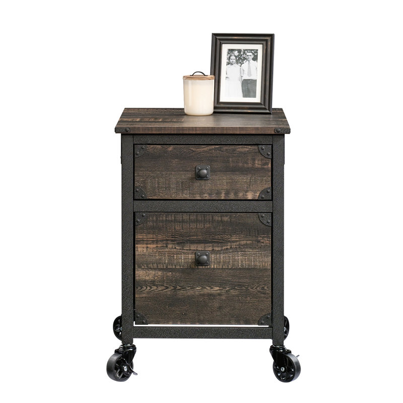 Classeur avec finition chêne foncé, tiroir coulissant pour l'organisation de documents, dossiers suspendus de format lettre inférieur, structure en métal, piédestal compact pour installation de bureau, approprié et fourni