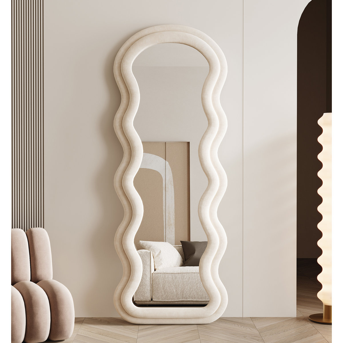 Christye Full Length Mirror 63"x24", Irregular Wavy Mirror, Arched Floor Mirror, Wall Mirror Standing Hanging Or Leaning Against Wall For Bedroom, Fl