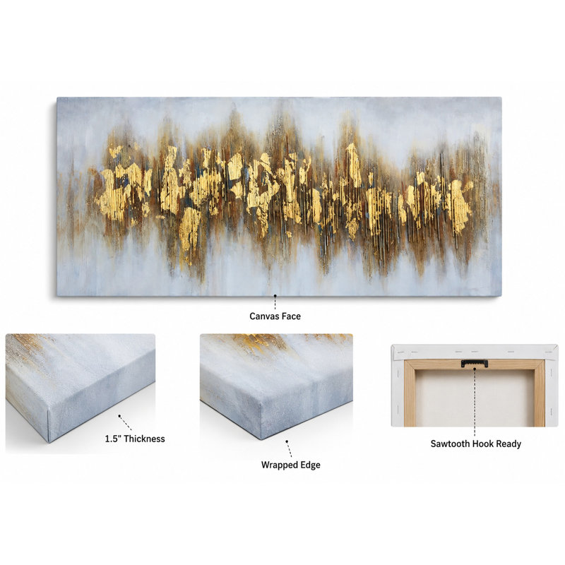 Art mural moderne en toile abstraite dorée moderne pour le salon, la chambre à coucher et le bureau | Reproduction d'art contemporain gris et champagne sur toile prête à accrocher
