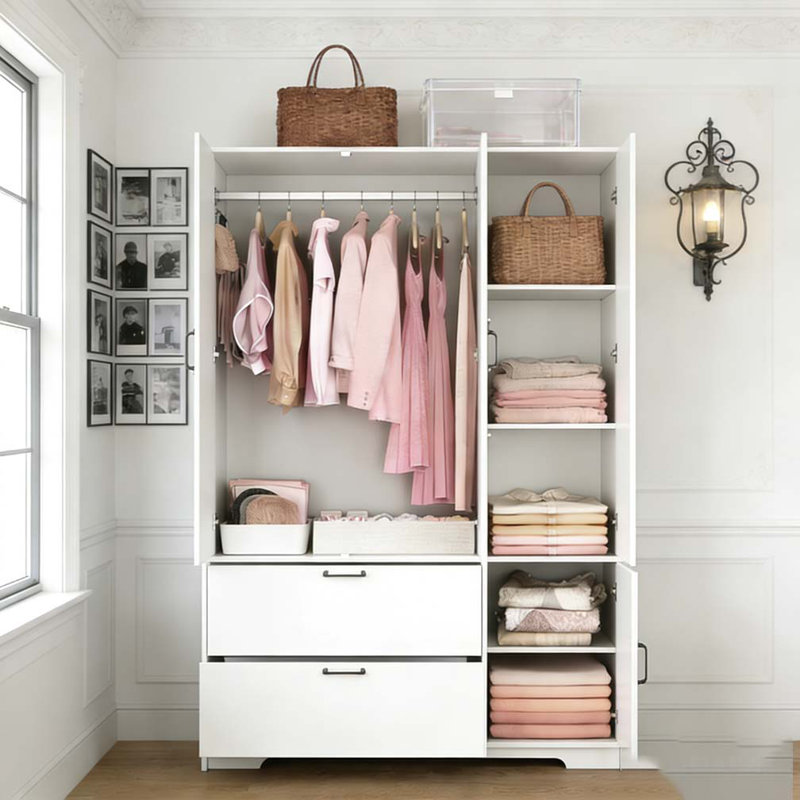 Garde-robe 4 portes avec miroir, garde-robe à DEL avec portes et 2 tiroirs, Blanc