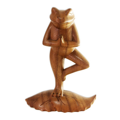 Nengah Sudarsana Tree Pose Yoga Frog Handcrafted Wood Sculpture