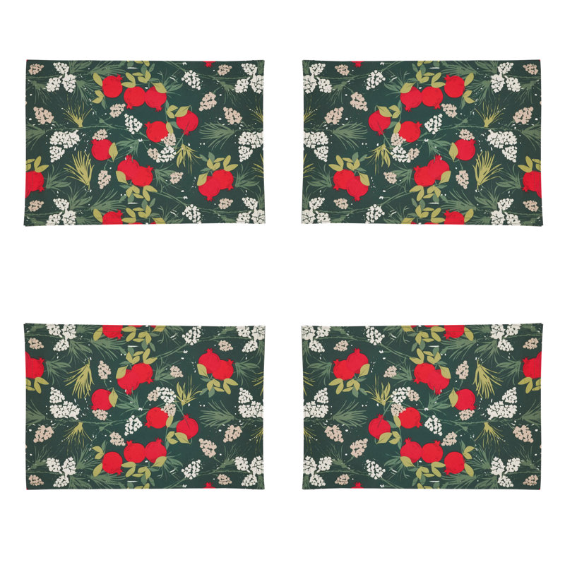 Holiday Red and Green Fabric Pomegranate Placemats Set of 4