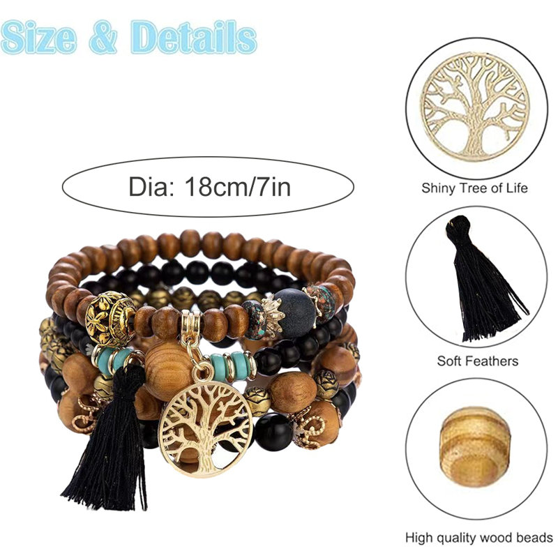 4 In1 Handmade Tree & Tassel Charms Beads Multilayer Bracelet Vintage Wrap Bracelet For Women Female, Black