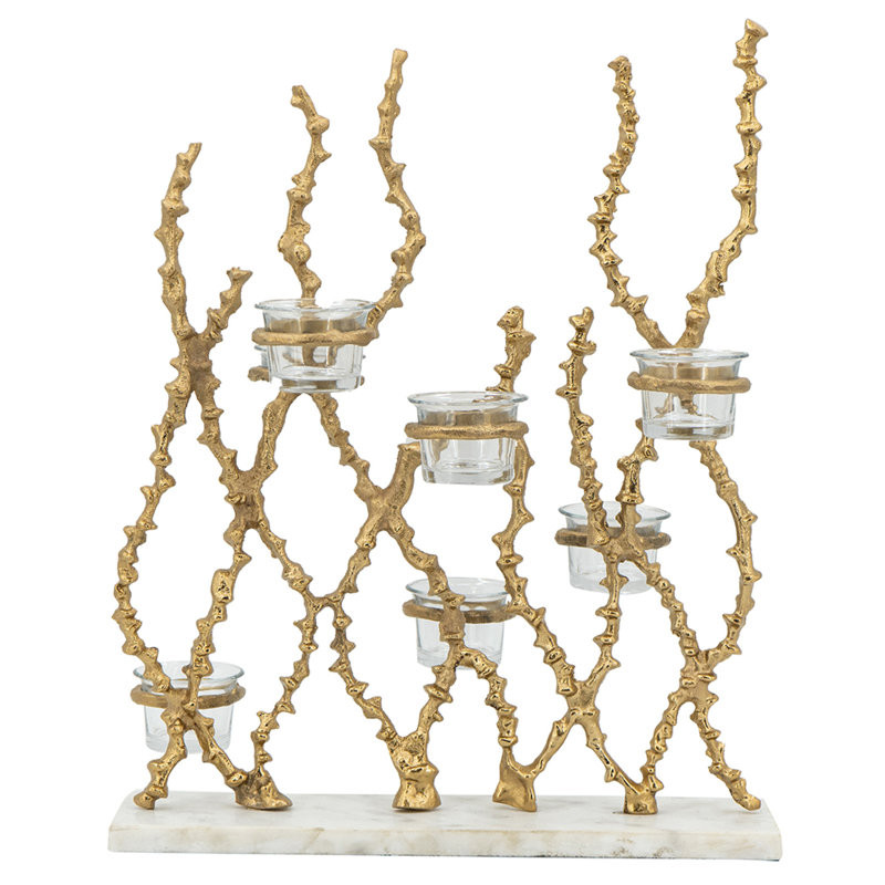 Betty Tea Candle Holder, Gold Branch Design, Glass, White Marble, 18 Inch