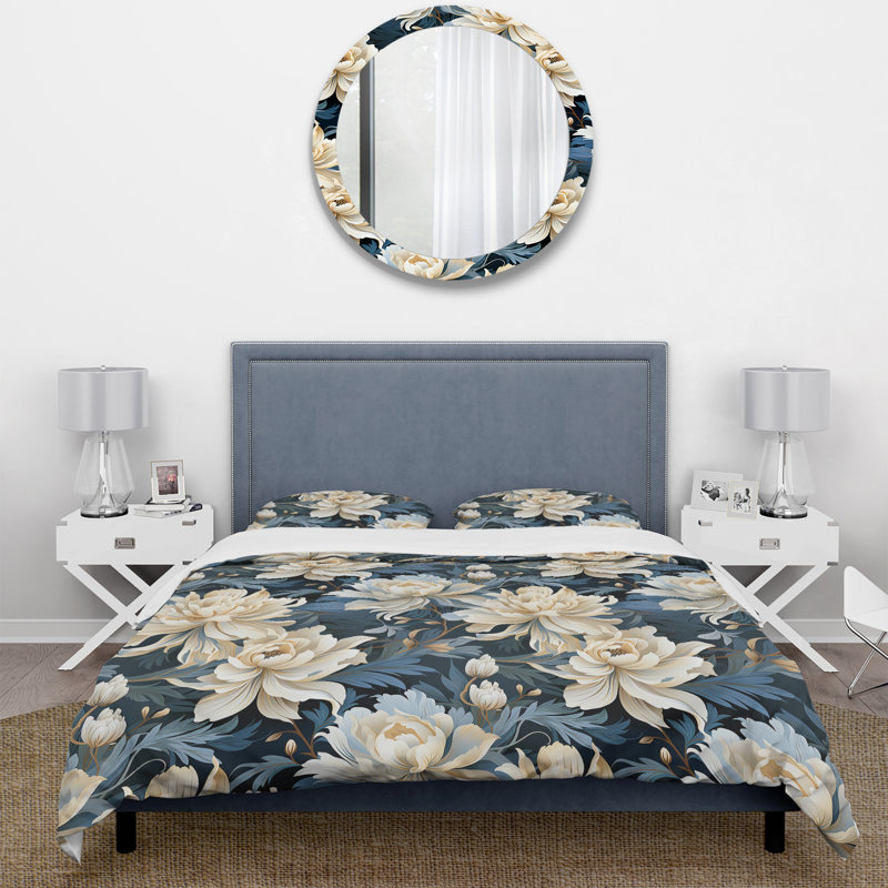 White And Blue Chrysanthemum Zen Tranquility III - Ensemble de housse de couette à motif floral
