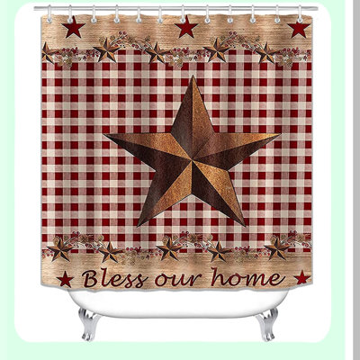 Rustic Star Western Shower Set: Vintage Brown Texas Star Curtain & Primitive Plaid Bath Rugs